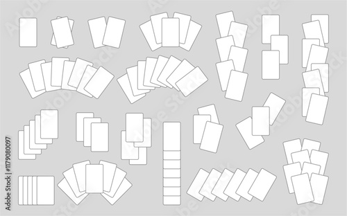 Poker, solitaire or uno blank playing card, game mock up collection. Vector paper template for casino, clubs or evening events. Various game combinations and alignment clips for online applications