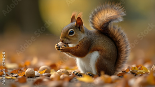 Squirrel collecting nuts in the forest. Tips for feeding squirrels. The importance of nuts for squirrels. How squirrels prepare for winter. photo