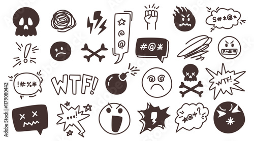 Talk speech bubbles with swear words, insults and curses, skull and evil icons censored with symbols in doodle style. Vector hand drawn monochrome texture to express anger, bad mood or angry