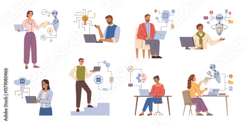 People working with ai, automation data insights and customer experience. Vector analytics and bots, customer service tools and metrics. Business mechanization and networking, cloud computing