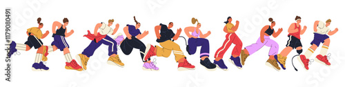 Sportive people running, isolated men and women jogging and participating in marathon. Vector in flat style, healthy lifestyle, keeping fit and exercising in groups. Training and working out