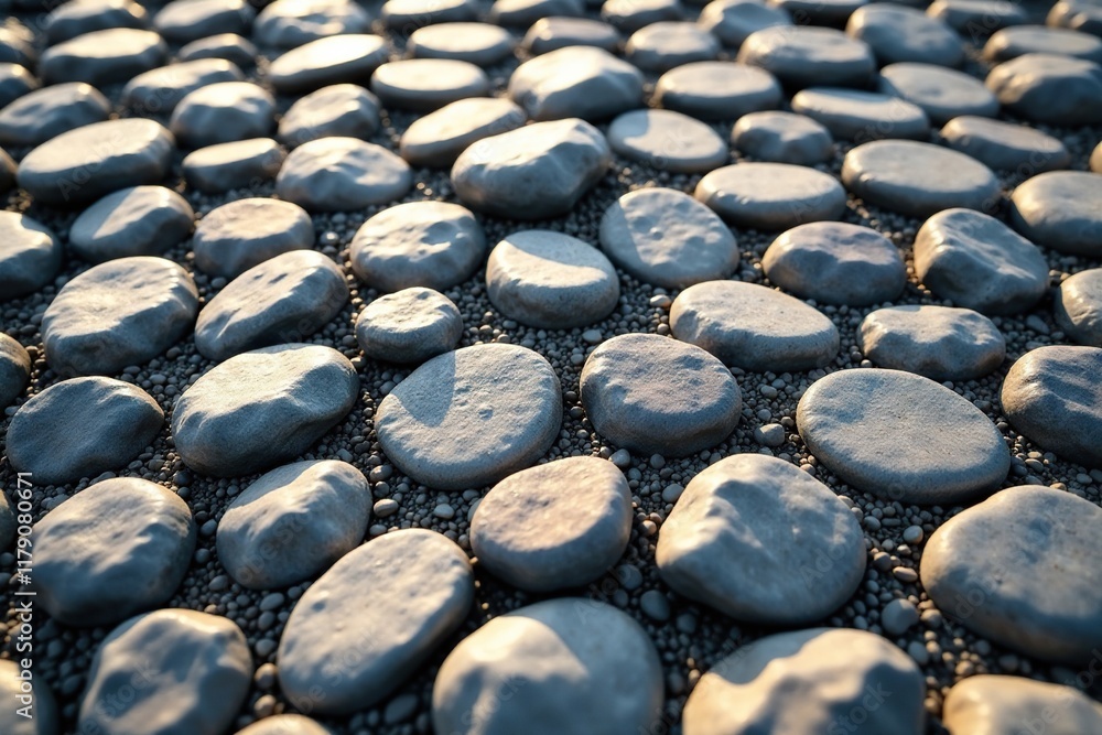 Obraz premium Natural cobblestone stones on the ground in a dense formation, rough, stone