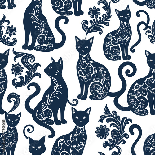 Adobe IlluAntique Floral Cats Pattern Seamless Silhouettesstrator Artwork