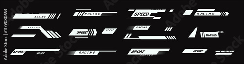 Racing cars and race vehicles stripes for design and decor. Vector in flat style, isolated set of formula 1 stickers. Badges with wording or slogan, motocross labels or logotypes for winners