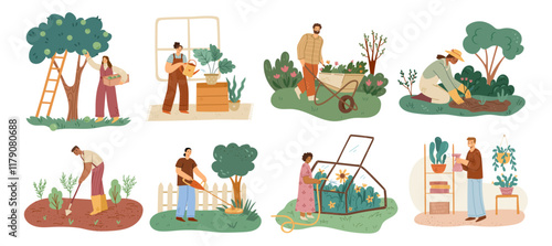 Farming and gardening activities of people with working tools. Vector in flat style, isolated set of farms and yards, orchards and grounds with growing bushes, flowers and plants for business