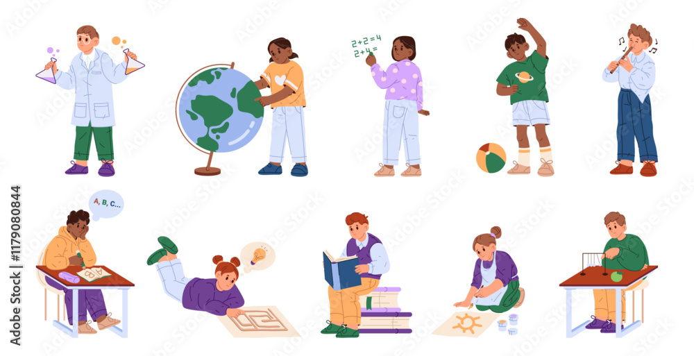 Children at school, studying at lessons and showing skills. Vector in flat style, isolated characters learning geography and mathematics, chemistry and physics, literature and foreign languages Children at school, studying at lessons and showing skills. Vector in flat style, isolated characters learning geography and mathematics, chemistry and physics, literature and foreign languages