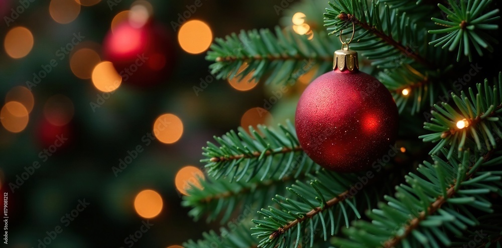 Fototapeta premium Evergreen fir branches with red glass ornaments and twinkling lights, twinkling lights, festive atmosphere, festive decor