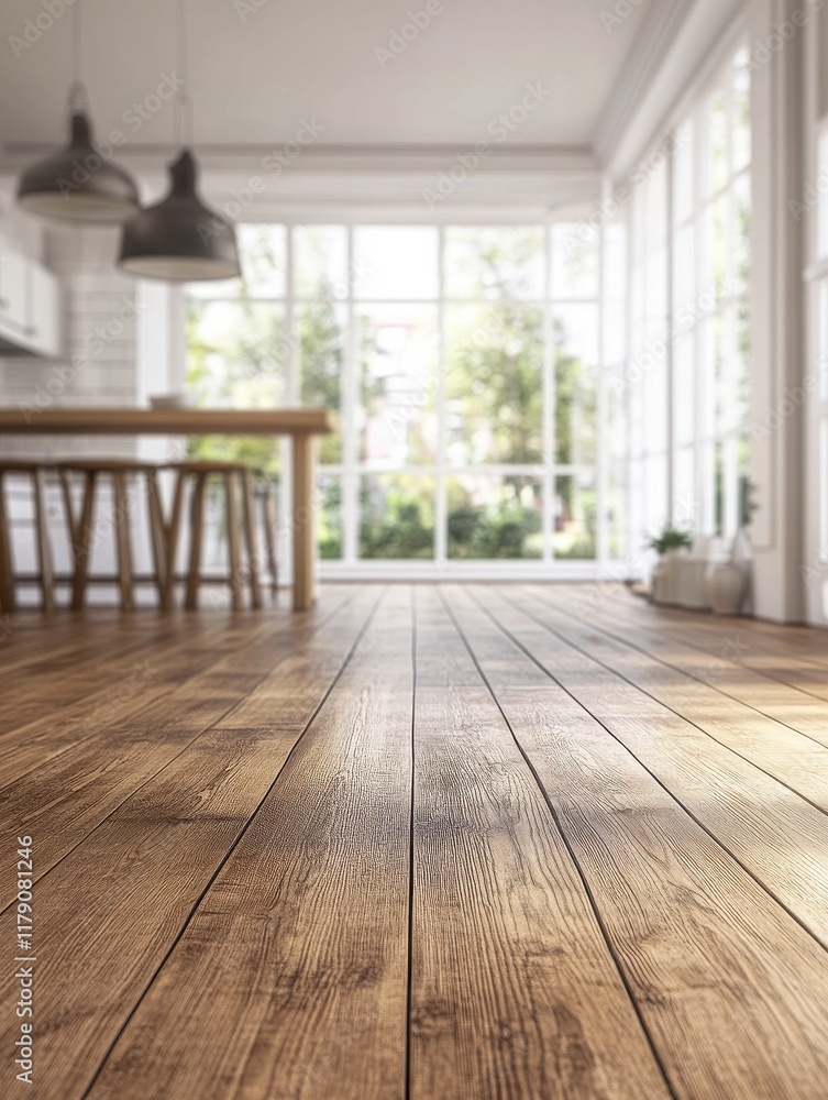 Fototapeta premium interior concept - empty wooden boards with blurred kitchen background