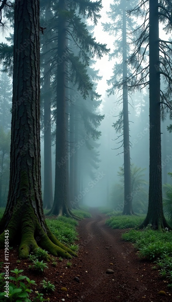 Obraz premium Foggy forest floor amidst giant spruce trees trunks, natural environment, , woodland