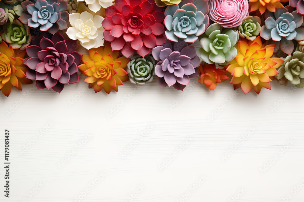 Amazing various succulents background and place to copy. top view, flat layout Amazing various succulents background and place to copy. top view, flat layout