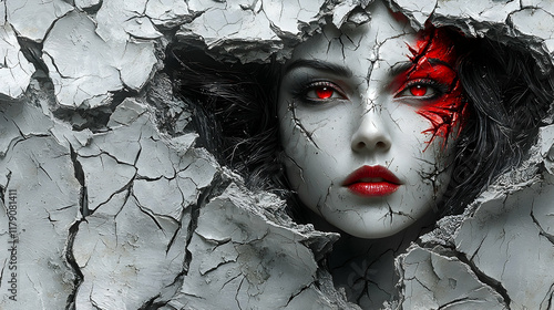 Woman emerging cracked stone, red markings, dark hair, fantasy art, Halloween design. photo