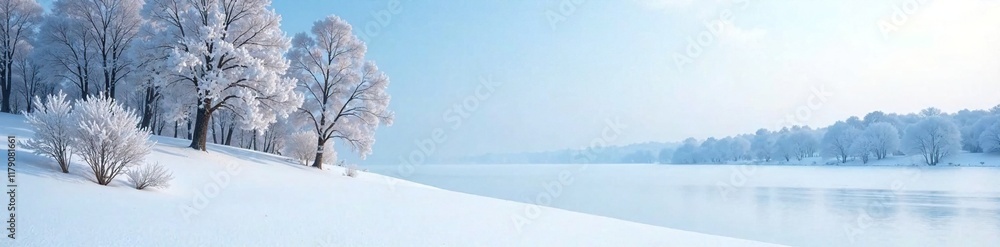 Snowy landscape with bare trees against pale blue sky, frozen lake, landscape Snowy landscape with bare trees against pale blue sky, frozen lake, landscape