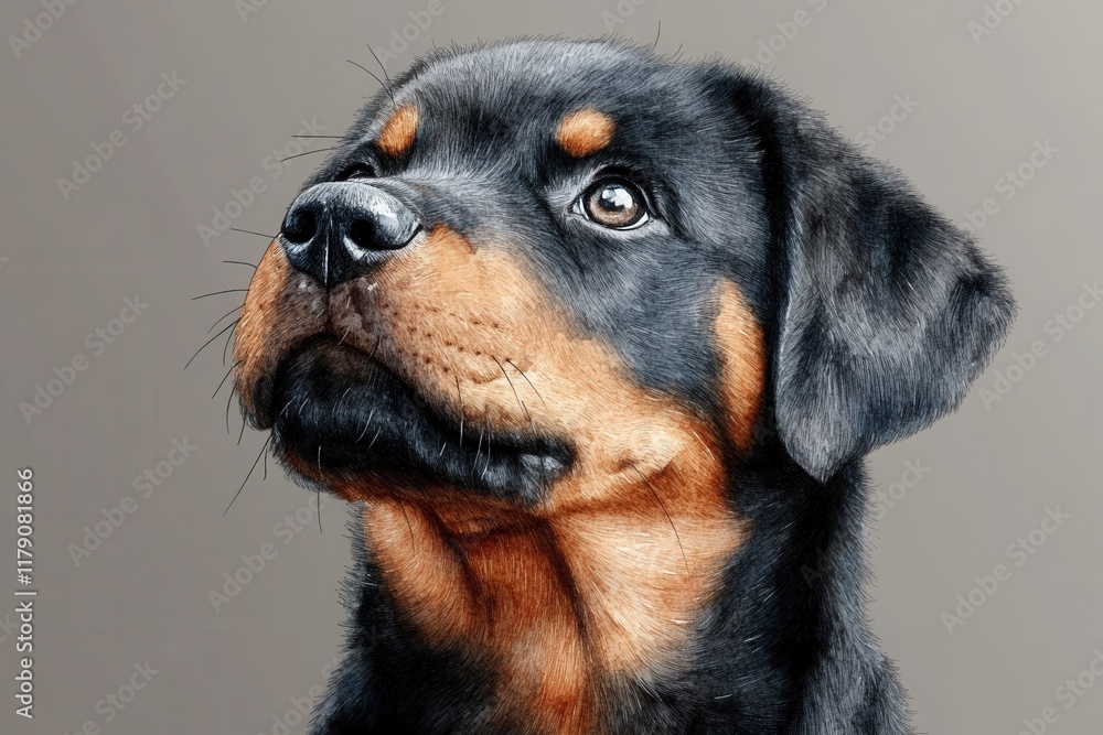 A detailed portrait of a Rottweiler dog, showcasing its features and expression. A detailed portrait of a Rottweiler dog, showcasing its features and expression.