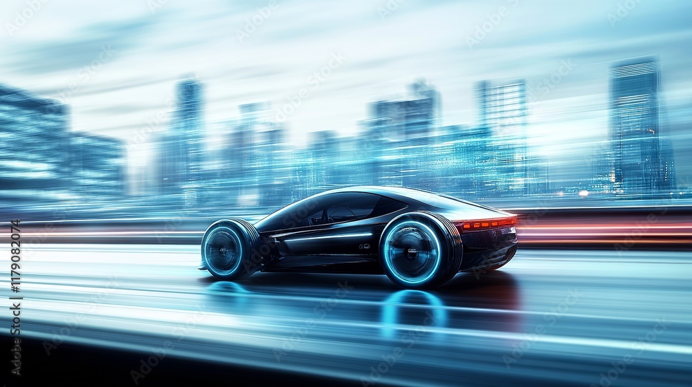 Fototapeta premium An autonomous self-driving car navigates a city highway, utilizing sensors to scan the road ahead for vehicles and speed limits