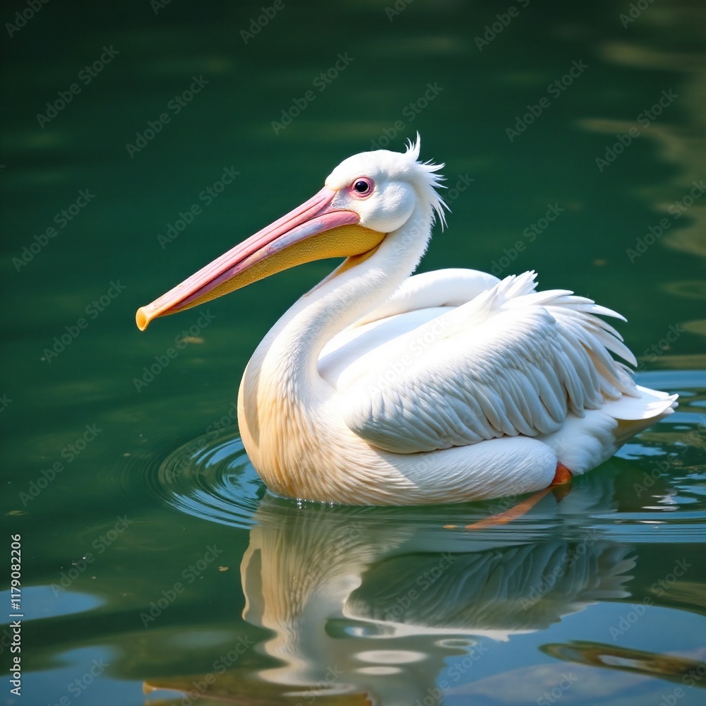 Pelican's snowy feathers blend with the surrounding water, pelican, serenity