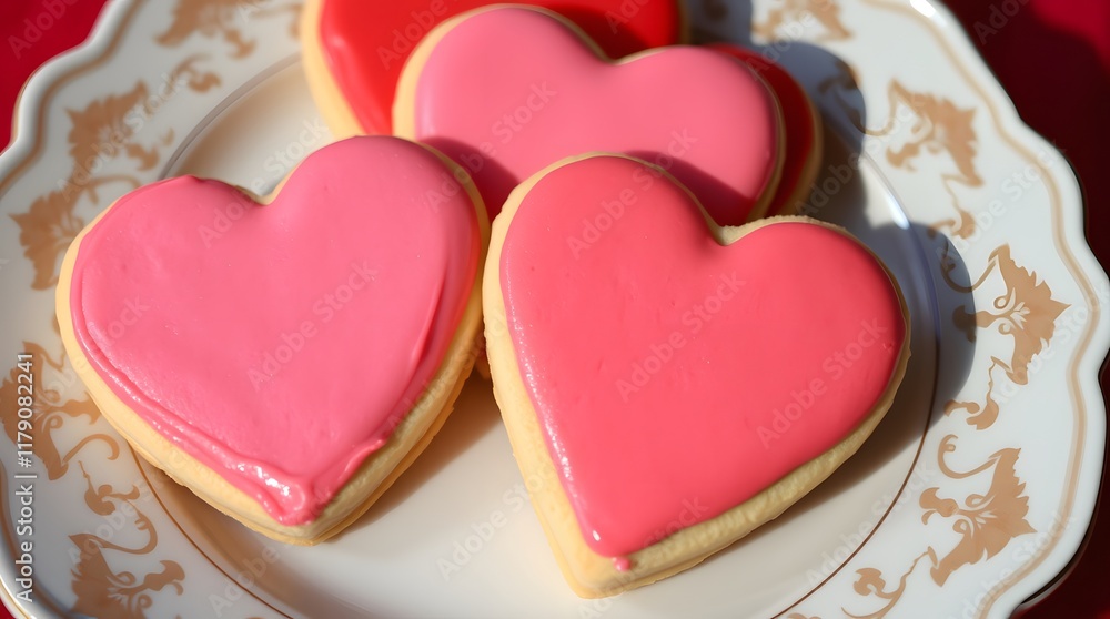 Heart-Shaped Sugar Cookies: Delicate Pink Icing, Romantic Pastry Delight Heart-Shaped Sugar Cookies: Delicate Pink Icing, Romantic Pastry Delight