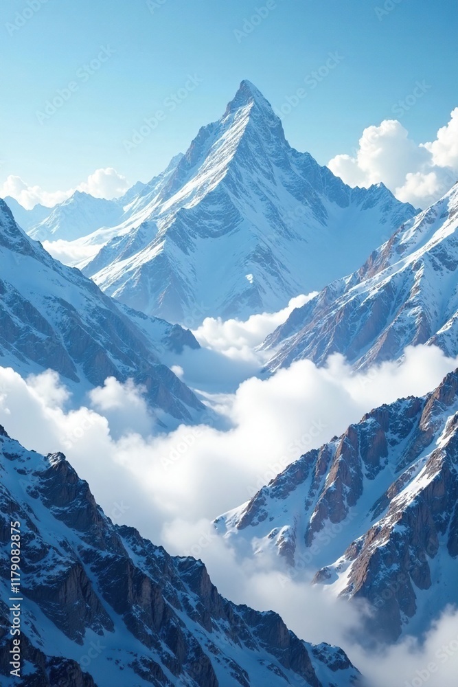 Obraz premium Majestic mountain range above soft white clouds, winter wonderlands, mountain ranges, alpine scenery