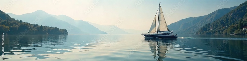 Sailboat ferry crossing over calm lake surface, peaceful, serene Sailboat ferry crossing over calm lake surface, peaceful, serene