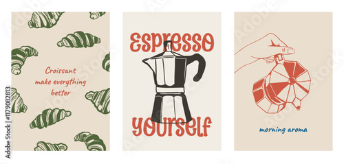 Set of posters with hand drawn coffee and croissant, quotes about coffee, illustration in minimalist ink drawing style