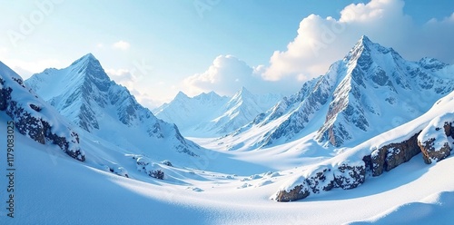 Snow-covered mountains with frosty air and snowflakes, snowflakes, icy terrain