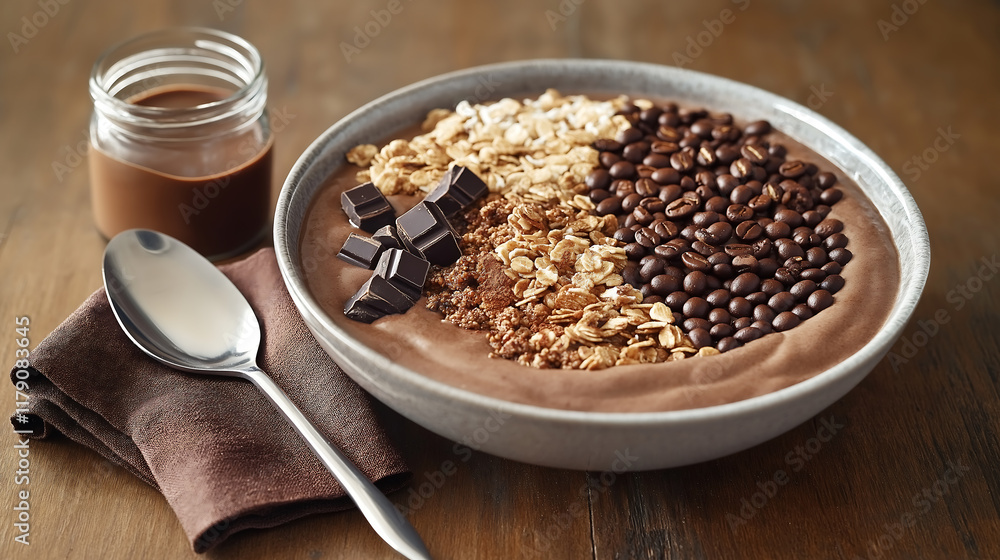 mocha mousse smoothie with liquid chocolate and spoon. mocha mousse smoothie with liquid chocolate and spoon.