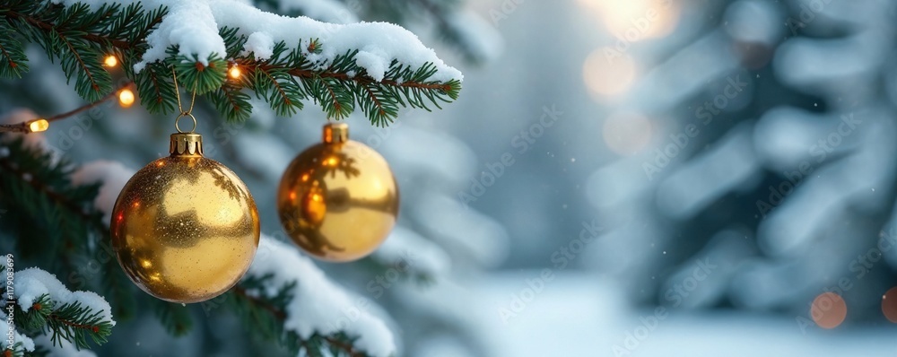 custom made wallpaper toronto digitalGolden Christmas ornaments dangle from the ends of snow-covered pine branches like icicles, winter, icy