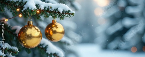 Wallpaper Mural Golden Christmas ornaments dangle from the ends of snow-covered pine branches like icicles, winter, icy Torontodigital.ca