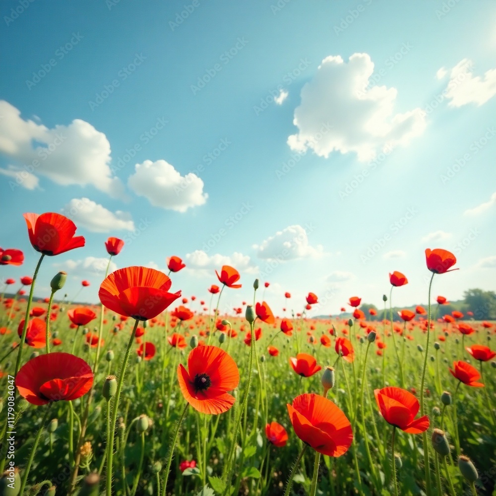 Naklejka premium A field of poppies swaying gently in the breeze, wildflowers, rustic charm, abstract expressionism