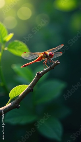 Dragonfly resting on a curved branch with leaves surrounding, wildlife, branch photo