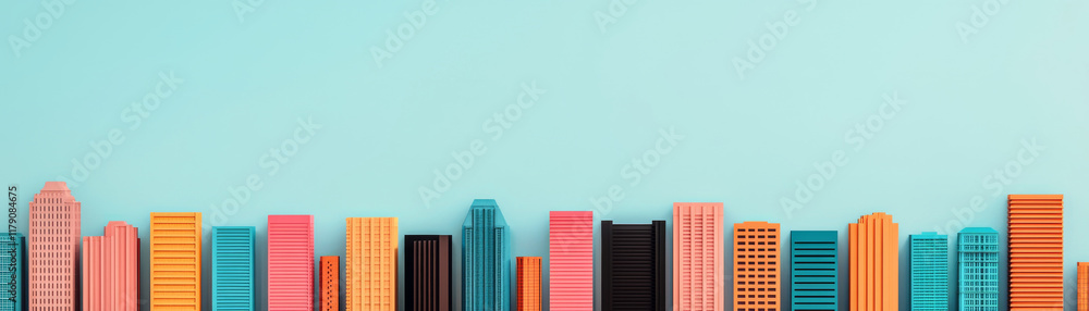 Colorful city skyline with vibrant buildings against blue background
