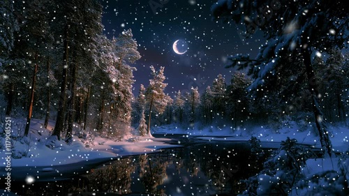 Looped background. Winter night forest. Nighttime winter forest. Winter wood. Looped effect. Looped particles. Looped animation. Generated AI.