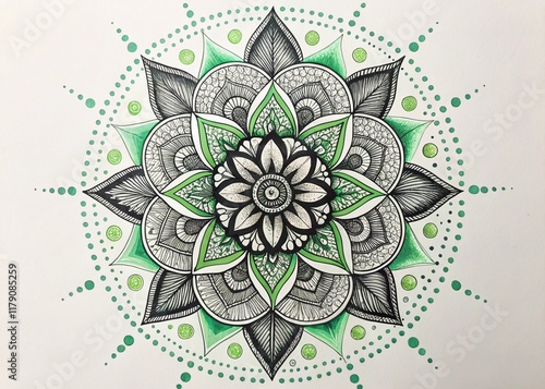 An intricately hand-drawn mandala with a symmetrical artistic design featuring green and black elements