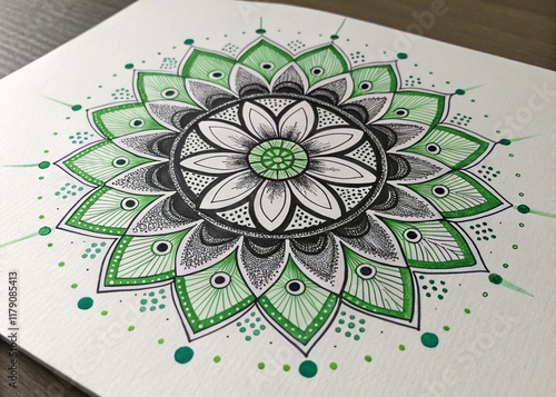 A modern intricately hand-drawn mandala featuring detailed symmetrical patterns with elegant artistic touches photo