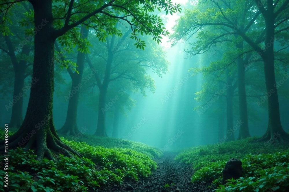 Obraz premium Gradient of blue greens mimicking a misty forest, earthy tones, nature-inspired