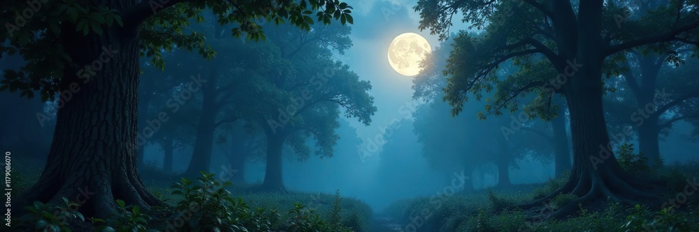 Naklejka premium Twinkling moonlight filters through misty forest foliage, glow, shadows, nature