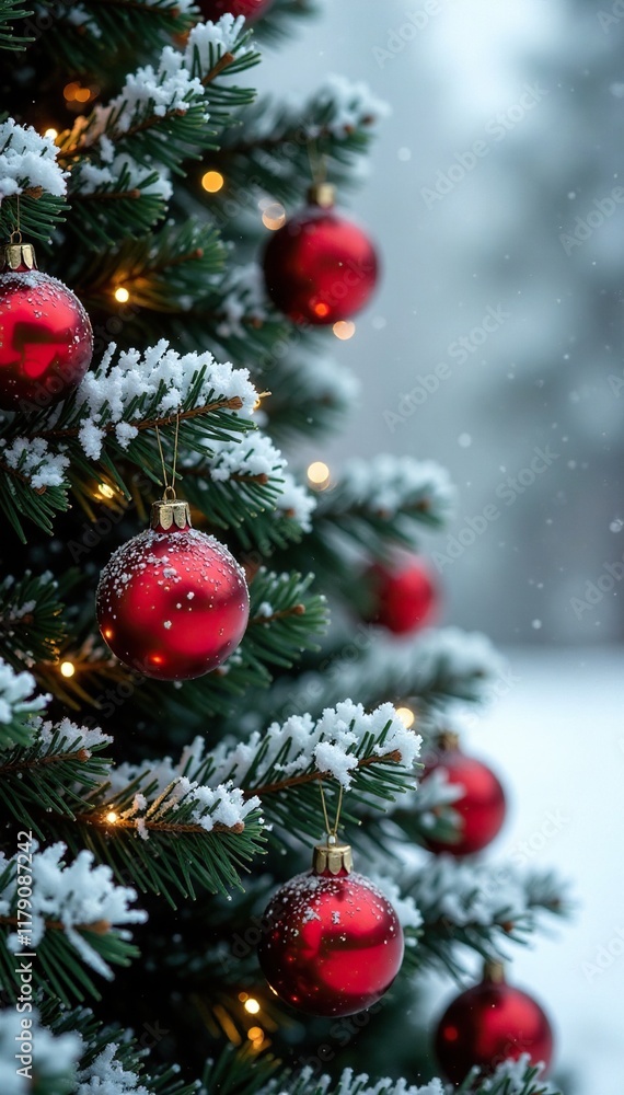 Frosty snow-covered evergreen tree decorated with red ornaments and golden accents, frosty, snow Frosty snow-covered evergreen tree decorated with red ornaments and golden accents, frosty, snow