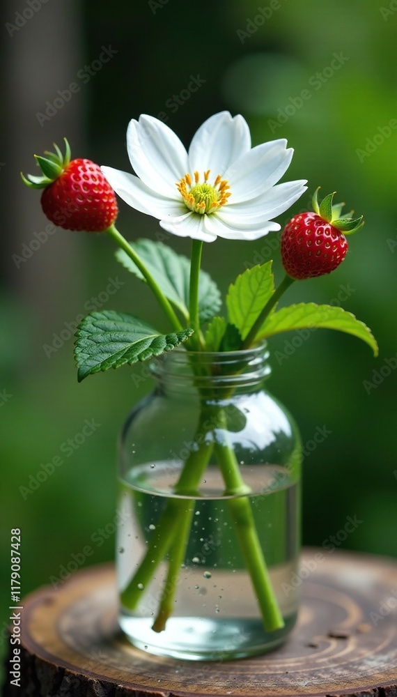 Obraz premium Delicate white petals of Alpine strawberry unfolding in glass vessel, garden, flowers, alpine