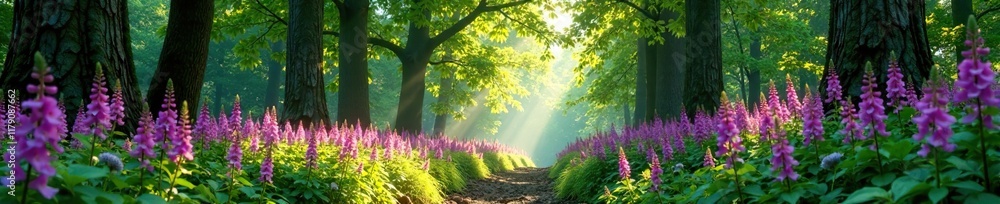 Tall trees form a canopy above foxglove purple flowers in the undergrowth, plants, canopy Tall trees form a canopy above foxglove purple flowers in the undergrowth, plants, canopy