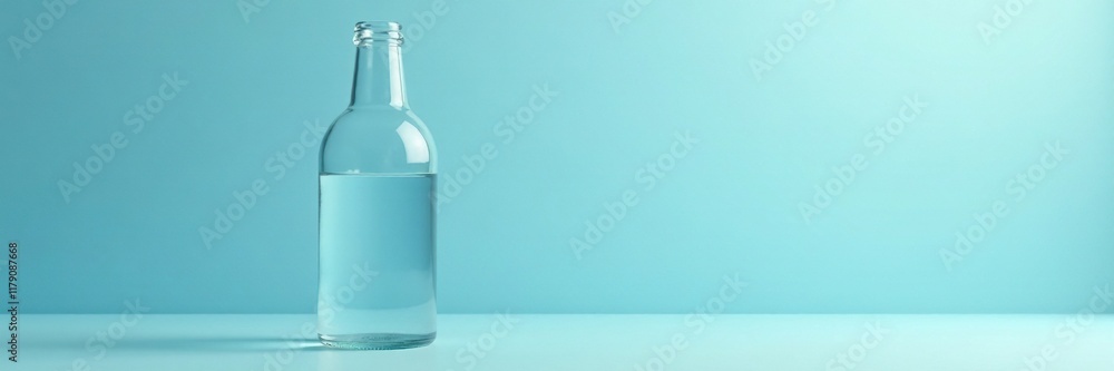 Softly lit empty glass bottle on light blue background, pastel hue, empty, glass Softly lit empty glass bottle on light blue background, pastel hue, empty, glass