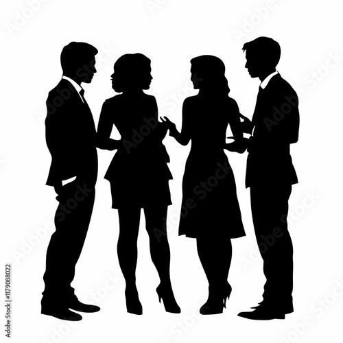 Wallpaper Mural silhouette of four young  wedding guests, a mix of men and women, all standing together with troubled expressions as they discuss something, full-body view from head to toe, solid black silhouette Torontodigital.ca