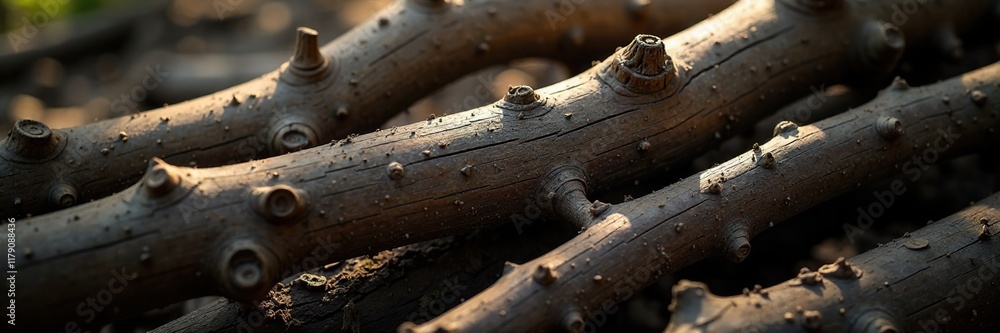 Wooden branches with knots and creases in dim light, shadow, bark, knot Wooden branches with knots and creases in dim light, shadow, bark, knot