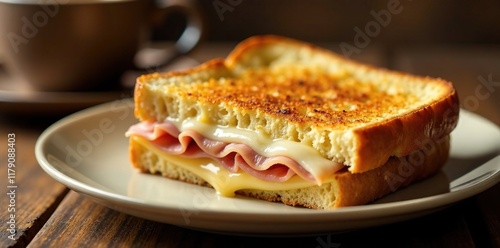 Toasty sourdough bread with melted ham and cheese, cheese, coffee