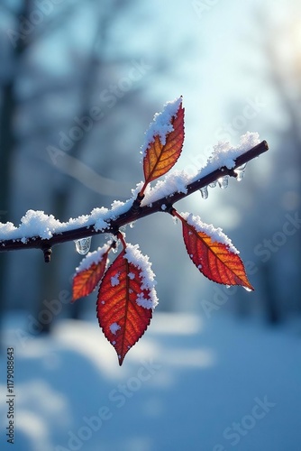 A layer of ice forms on the ends of a frozen branch with leaves, Clouds, Winter, Ice