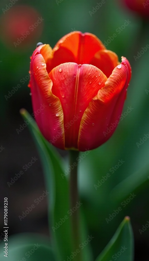 Tiny raindrops create a miniature rainbow on a red tulip's surface, wet, tiny rainbow, colorful Tiny raindrops create a miniature rainbow on a red tulip's surface, wet, tiny rainbow, colorful