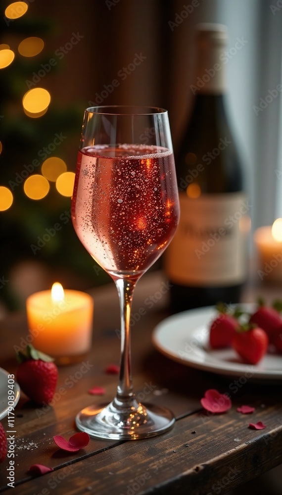 Bubbly wine in a glass on a wooden table with candles, candle, cozy Bubbly wine in a glass on a wooden table with candles, candle, cozy