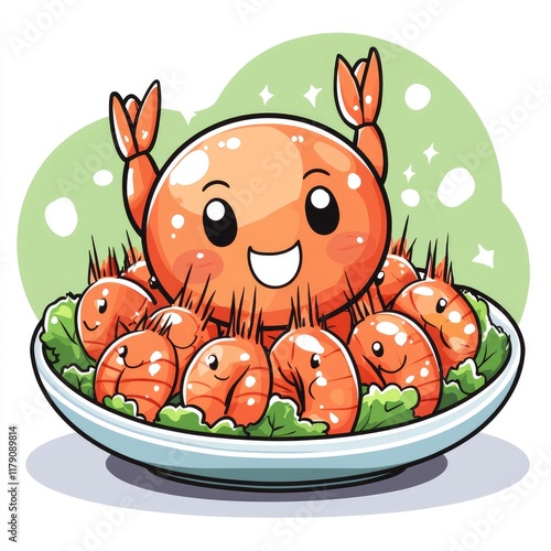 A Delightful Cartoon Crab and Shrimp Dish: A Culinary Masterpiece of Cute Seafood Illustration photo