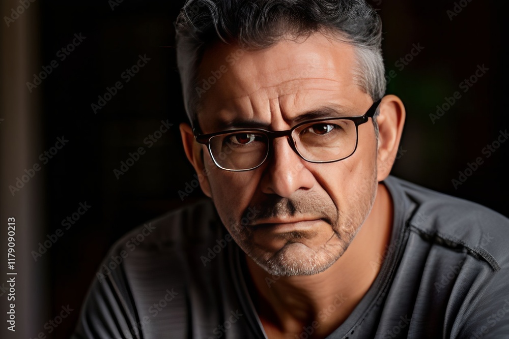 a close up of a middle aged hispanic man with glasses looking de a close up of a middle aged hispanic man with glasses looking de