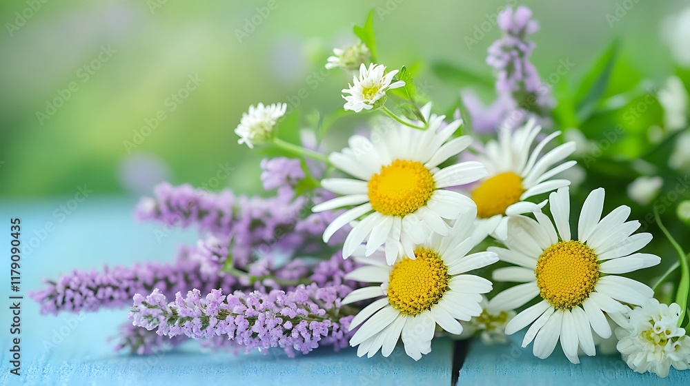 Obraz premium Daisies and lavender blossoms rest on a blue surface