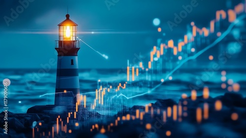 Lighthouse guiding financial growth, depicted with a rising graph and ocean waves at night.