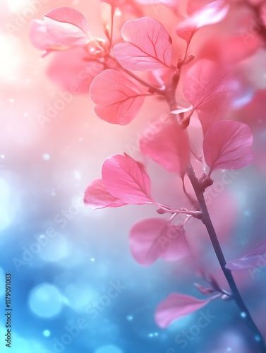 Dreamy pink leaves bokeh background.